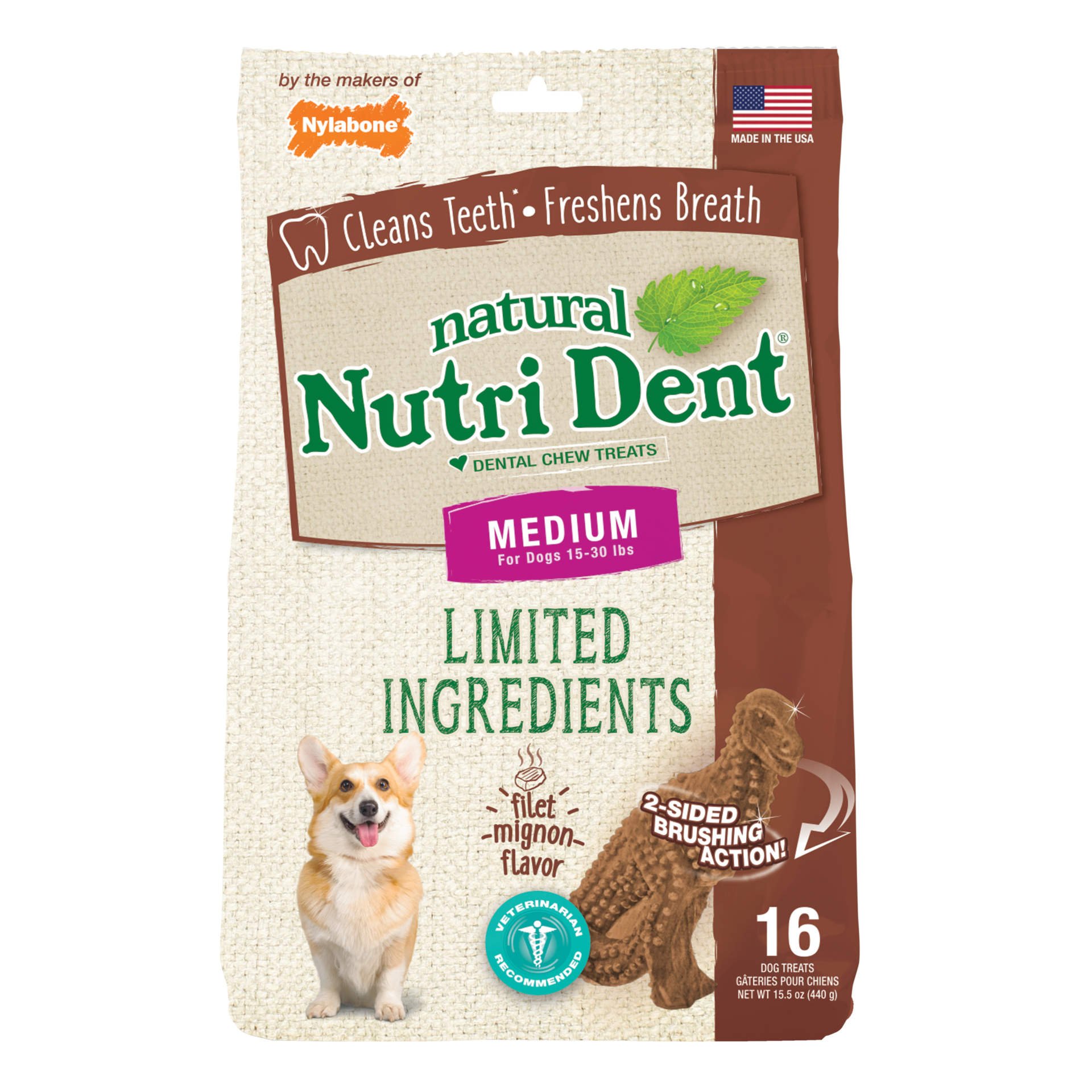 Nutri Dent Limited Ingredient Dental Chews Filet Mignon T-Rex Medium 16 count