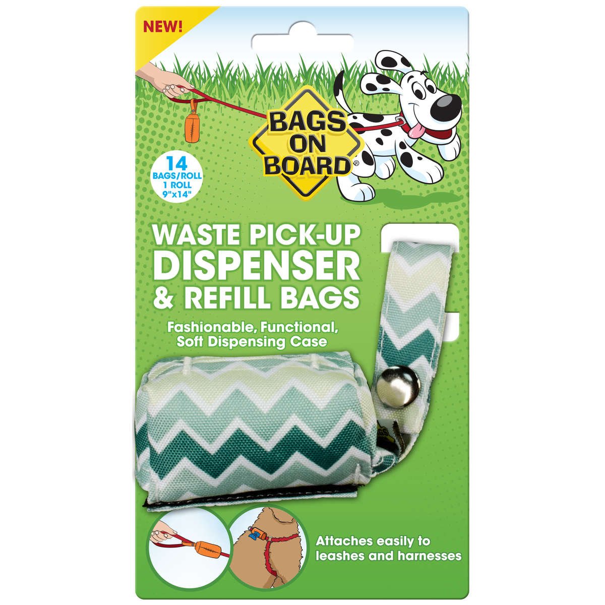 Fashion Dispenser and Poop Bag Refills Chevron Print 14 bags (Color: Green)