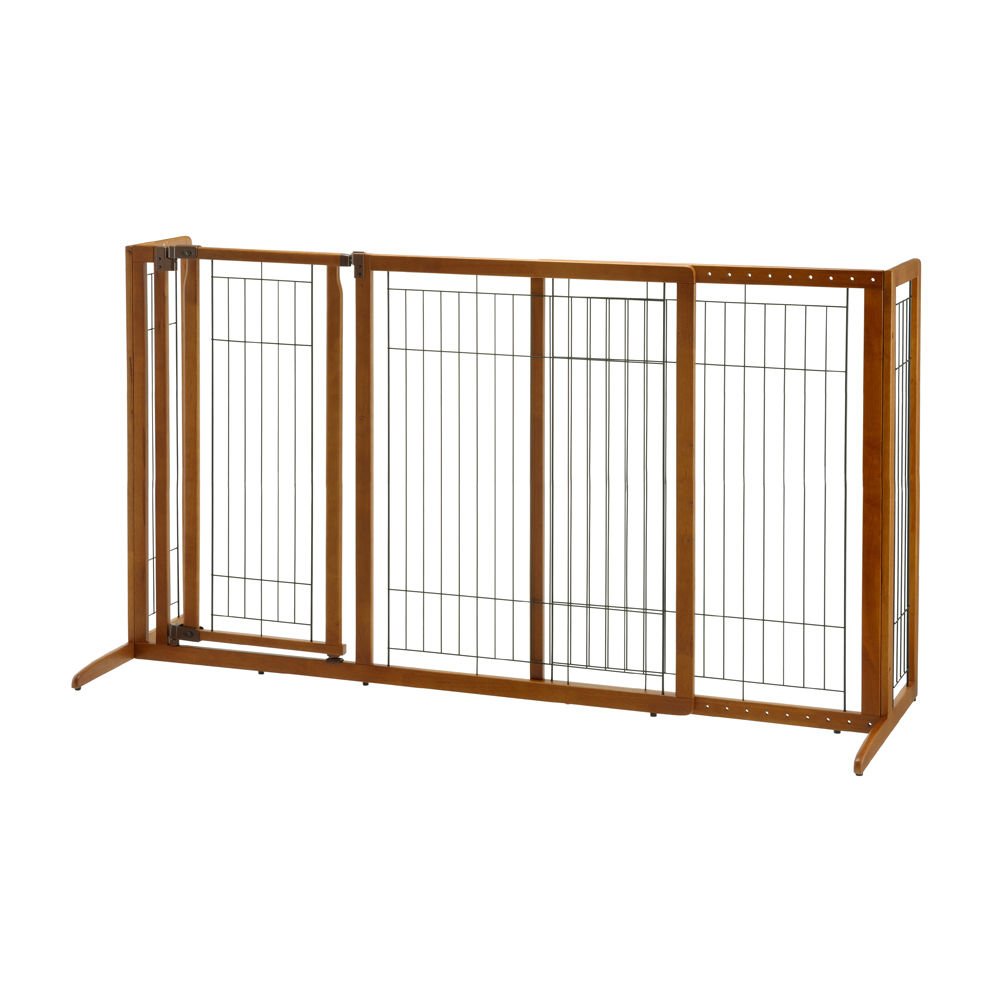 Deluxe Freestanding Pet Gate with Door (Color: Brown, size: large)